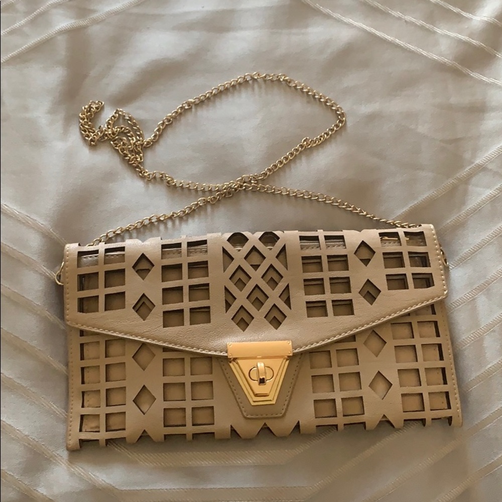 Beige Laser-Cut Chain Crossbody Bag with Gold Lock